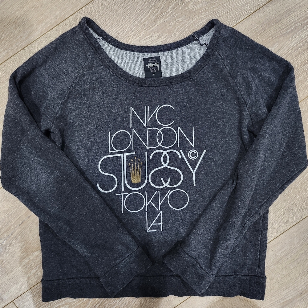Stussy Womens M Graphic Sweatshirt NYC London Tokyo LA Crown Scoop Neck Gray